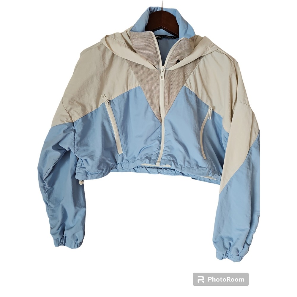 ZARA Cropped Hoodie Colorblock Blue Beige Nylon Hooded Jacket Size S
